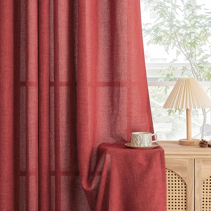 YoungsTex Red Linen Curtains 102 Inch Length for Living Room, Light Filtering Semi Sheer Drapes with Bronze Grommet Privacy for Bedroom Windows, 52 x 102 Inch, 2 Panels