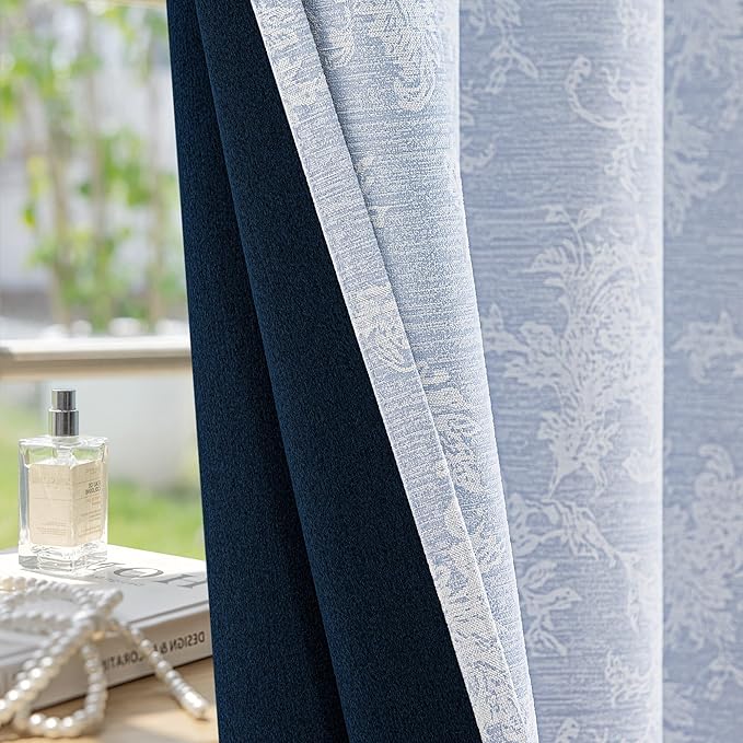 FMFUNCTEX Blue Floral Jacquard Blackout Curtains 96 Inches Long for Bedroom, Scroll Flower Chenille Farmhouse Curtains for Living Room Darkening Thermal Insulated Grommet Window Drapes 2 Panels