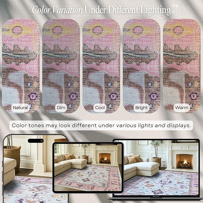 Fame Rugs Pink Beige Modern Oushak Rug 9x12, Vintage Turkish Colorful Oriental Washable Antique Inspired Oversize Area Rugs, Luxury Living Room Bedroom (390PP, 9' x 12)