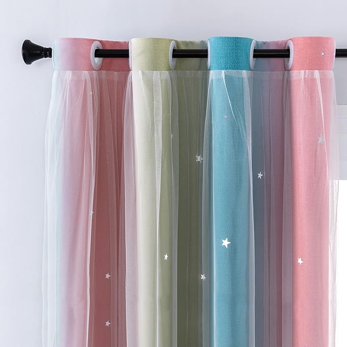 XiDi Curtains for Bedroom Decor, Rainbow Pink-Blue-52-54