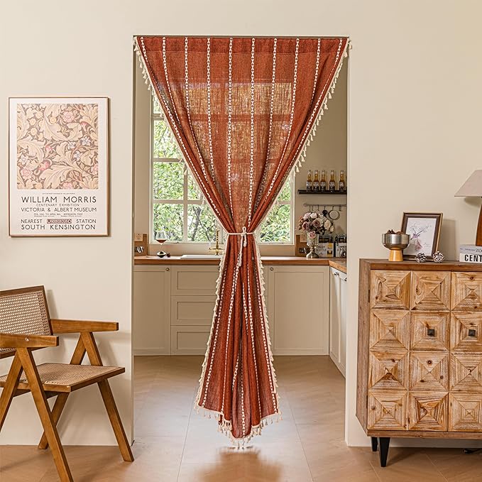 Sutuo Home Boho Sliding Door Curtains for Door Window, Bohemian Linen Tassles Light Filtering Temporary Room Privacy Dividers for Bedroom Living Room, Rod Pocket 1 Panel 37" W x 80" L, Terracotta