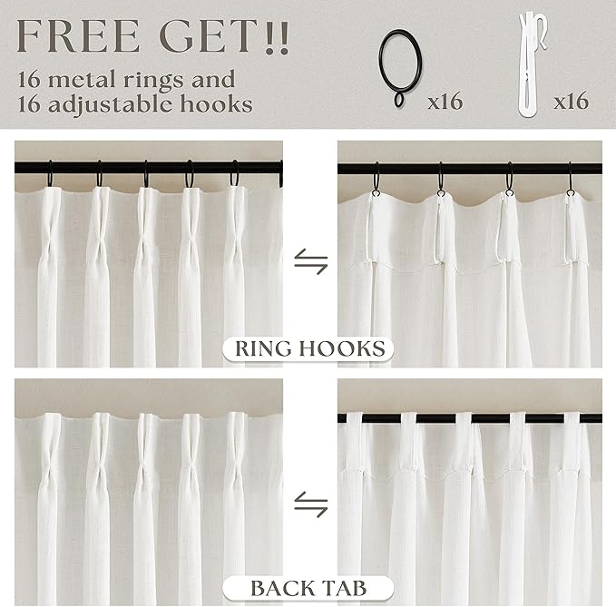 72 Inch Linen Curtains Pinch Pleated 2 Panels for Dining Room Bedroom Semi Sheer Pleat Drapes with Hooks Rings Light Filtering Short Window Curtain Cabit Closet Beige Ivory White 40x72