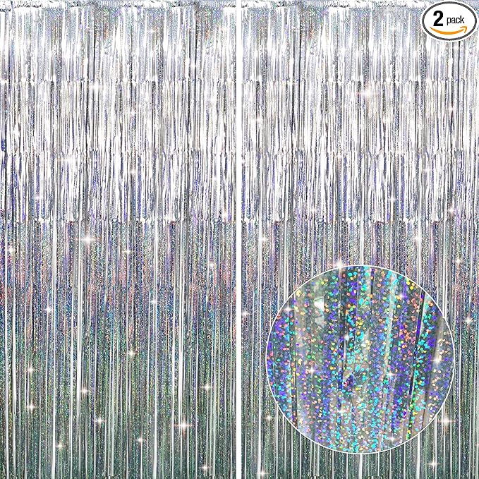 GOER 6.4 ft x 8.2 ft Metallic Tinsel Foil Fringe Curtains,Pack of 2 Party Streamer Backdrop for Birthday,Graduation Decorations and New Year Eve (Shiny Silver)