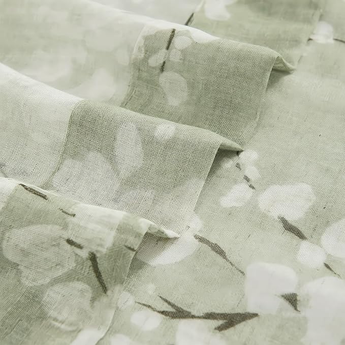 FMFUNCTEX Linen Sheer Curtains for Bedroom, Sage Green Blossom Print Curtains 84 Inches Long for Living Room,Floral Patterned Farmhouse Curtain Light Filtering Window Drapes 2 Panels, Rod Pocket