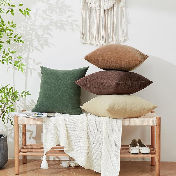 GAWAMAY Decorative Chenille Throw Pillow Covers 26x26 Inch Pack of 2, Soft Square Couch Pillow Cover for Sofa Cushion Living Room Bedroom Solid Dyed Oversized Pillowcases Brown 66x66cm (ONLY Covers)