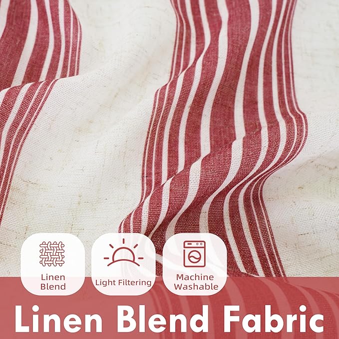 DriftAway Farmhouse Vertical Striped Linen Blend Textured Light Filtering Semi Sheer Curtains for Living Room Bedroom 54 Inches Long Drapes 2 Panels Broad Striped Linen Red