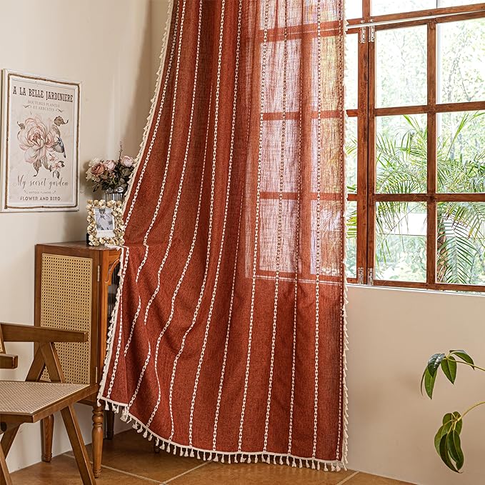 Sutuo Home Boho Window Curtains for Nursery Kid's Room, Burnt Orange Light Filtering Linen Farmhouse Privacy Window Treatment Bohemian Embroidery Strips, Rod Pocket 1 Panel 52" W x 72" L, Terracotta