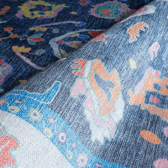Fame Rugs Blue Modern Oushak Rug 2'6"x10, Vintage Turkish Colorful Oriental Antique Inspired Foldable Long Washable Runner Rugs, Luxury Living Room Bedroom (387BNB, 2'6" x 10')