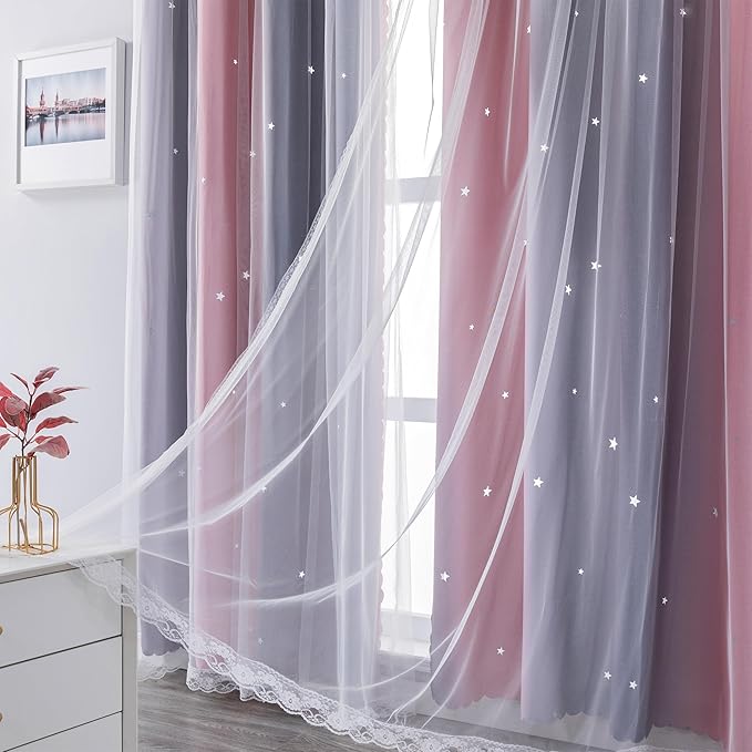 XiDi Dream Star Blackout Curtains for Kids Rooms Girl Princess Curtain for Daughter Bedroom Window (Pink Grey, W34 X L72)