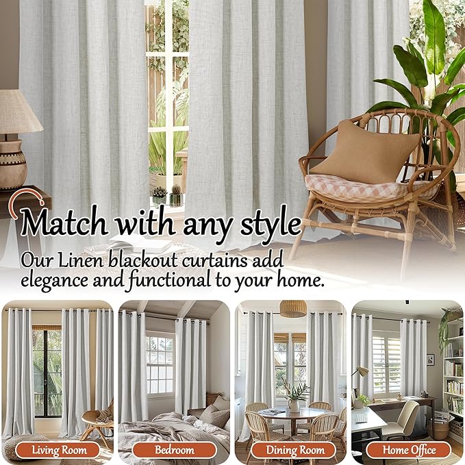 100% Blackout Curtains for Living Room 95 Inch Length 2 Panels Set, Thermal Insulated Light Blocking Faux Linen Curtains for Bedroom, Bronze Grommet Window Drape Each 52" Wide, Light Grey