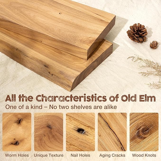 fuqing Floating Shelves for Wall, 36 inch Rustic Solid Elm Wood Floating Shelves, Wooden Wall Shelves with Invisible Heavy Duty Brackets for Living Room, Bedroom, Kitchen, Bathroom, 2 Pack, Natural
