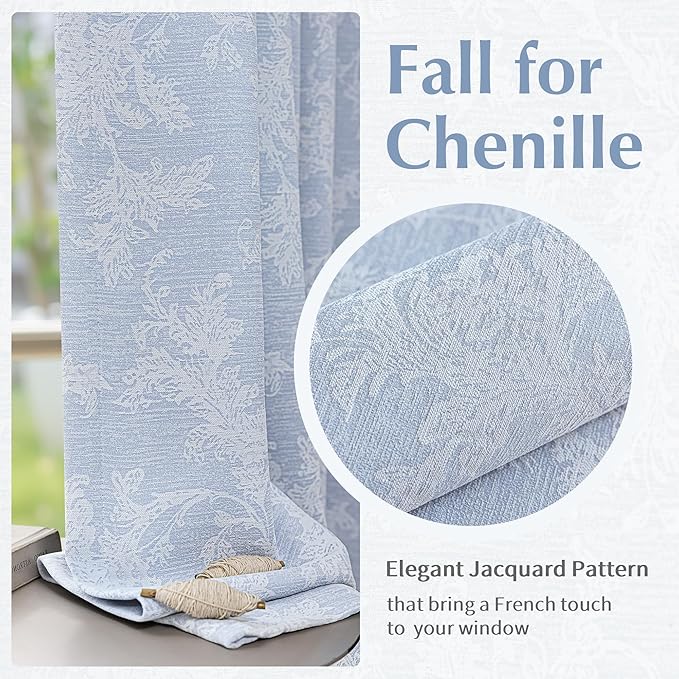 FMFUNCTEX Blue Floral Jacquard Blackout Curtains 63 Inch Length for Bedroom, Scroll Flower Chenille Farmhouse Curtains for Living Room Darkening Thermal Insulated Grommet Window Drapes 2 Panels