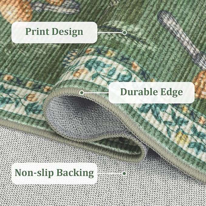Mushroom Washable Rug 5x7 Area Rugs for Living Room, Insect Print for Bedroom, Non Slip Throw Rugs with Rubber Back, Soft Low Pile Dining Room Carpet for Under Table, Green