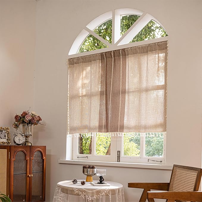 Sutuo Home Boho Curtains Valance 18 inch for Cafe Kitchen Doorway Closet, Short Sheer Farmhouse Chic Tassels Window Treatment Bohemian Embroidery Drape, Rod Pocket 1 Panel 52" W x 18" L, Coffee Linen