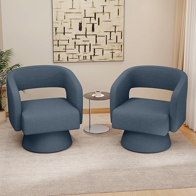 Swivel Accent Chair Set of 2, Modern Comfy Teddy Barrel Chairs, Oversized Upholstered Round Arm Chair for Living Room, Bedroom, Reading Room, Blue