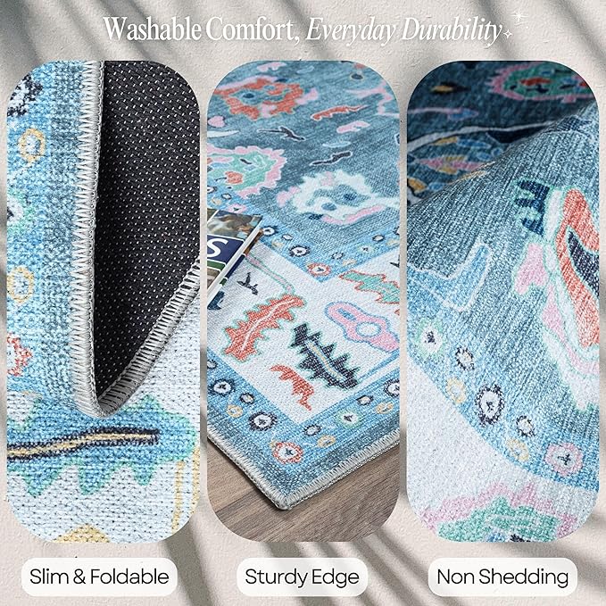 Fame Rugs Teal Modern Oushak Rug 2x3, Vintage Doormat Turkish Colorful Oriental Antique Inspired Washable Small Area Rug, Luxury Living Room Bedroom (995T, 2' x 3')