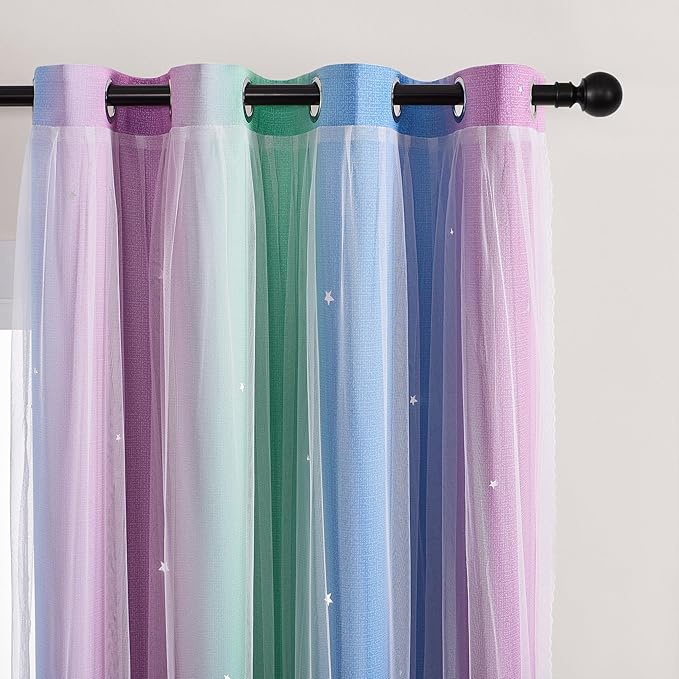 XiDi Blue & Rainbow Curtains for Kids & Girl Room - Blackout, Purple & Green 52x72 Inch Long 1 Panel with Unicorn Wall Decals