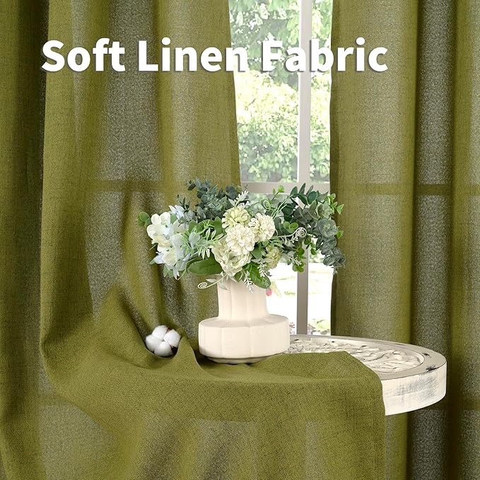 YoungsTex Olive Green Linen Curtains 84 Inches Length for Living Room Bronze Grommet Textured Drapes Privacy Light Filtering for Dining Room Bedroom Office, 52 x 84 Inch, 2 Panels