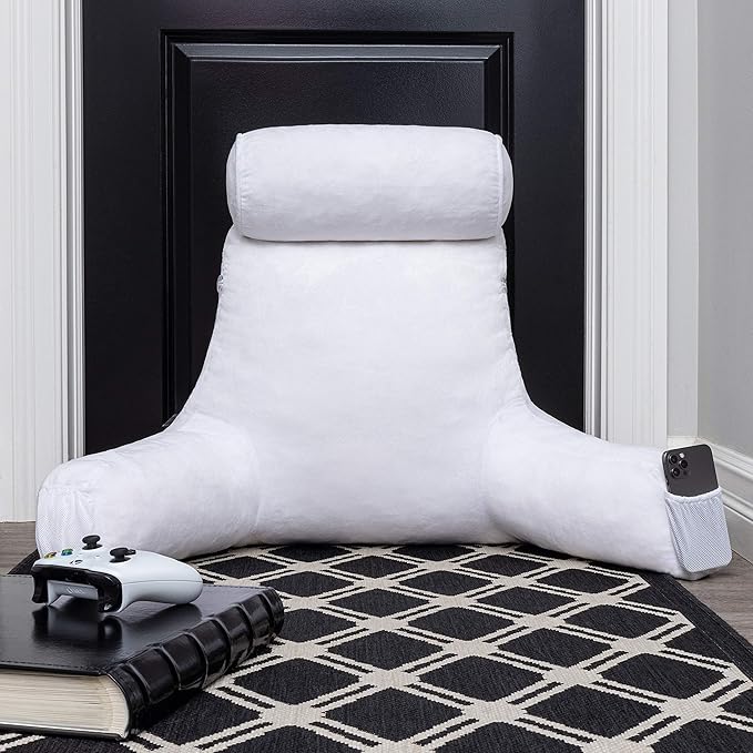 Husband Pillow Medium Aspen Edition White Dandelion, Sit Up Reading & Bed Rest with Arms, Ultra-Comfy, Detach Neck Roll - Premium Shredded Memory Foam Backrest, Reverses to Micro: Suede or Plush