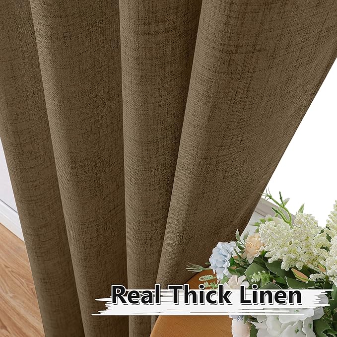 Tollpiz Linen Tier Curtain Rod Pocket Semi Sheer Half Kitchen Curtains Burlap Light Filtering Thick Linen Drape for Bathroom, 30 x 36 inches Long, Brown, Set of 2 Panels