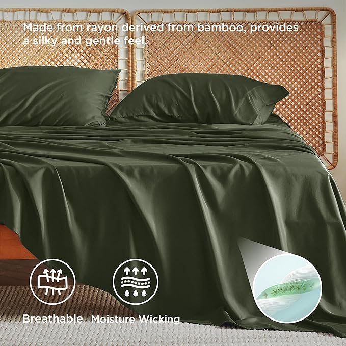 Bedsure Full Size Bed Sheets, Cooling Sheets, Rayon Derived from Bamboo, Breathable & Soft, Deep Pocket Up to 16 Inches, Hotel Luxury Silky Bedding for Hot Sleepers, Olive Green