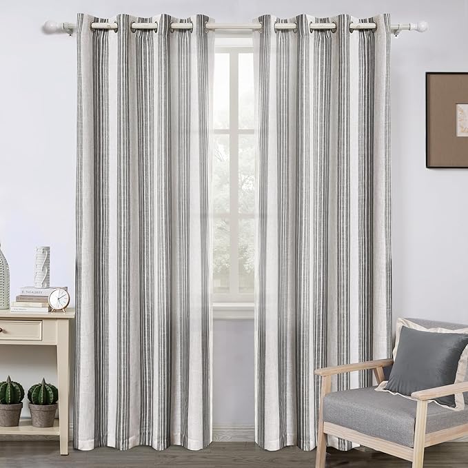 DriftAway Farmhouse Vertical Striped Linen Blend Textured Light Filtering Semi Sheer Curtains for Living Room Bedroom 84 Inches Long Drapes 2 Panels Broad Striped Gray