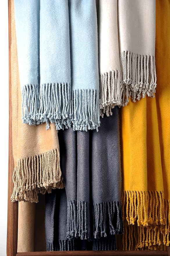 EP Mode Fringed Mulberry Silk Throw Blanket for Sofa (Whisper White)