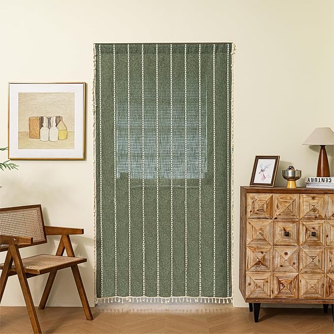 Sutuo Home Boho Door Curtains for Doorway Patio, Bohemian Linen Tassles Light Filtering Christmas Temporary Room Privacy Dividers For Bedroom Living Room, Rod Pocket 1 Panel 37" W x 80" L, Olive Green