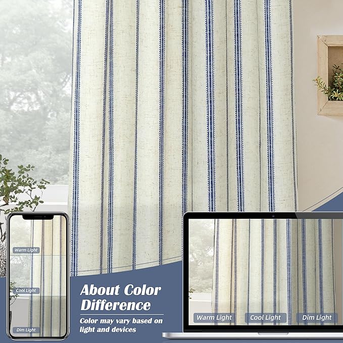 DriftAway Farmhouse Vertical Striped Linen Blend Textured Light Filtering Semi Sheer Curtains for Living Room Bedroom 84 Inches Long Drapes 2 Panels Linen Navy
