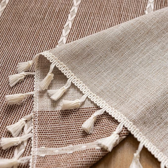 Sutuo Home Boho Curtains Valance Tier 36 inch for Cafe Kitchen Doorway Closet, Short Farmhouse Chic Tassels Window Treatment Bohemian Embroidery Drape, Rod Pocket 1 Panel 52" W x 36" L, Coffee Linen