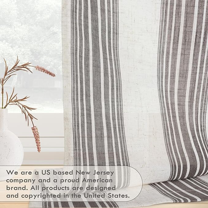 DriftAway Farmhouse Vertical Striped Linen Blend Textured Light Filtering Semi Sheer Curtains for Living Room Bedroom 96 Inches Long Drapes 2 Panels Broad Striped Gray