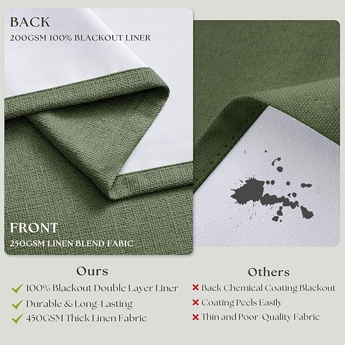 120 Inch Pinch Pleat Drapes Olive Green Room Darkening Curtains 120 Inches Long for Bedroom Rustic Cottagecore 100% Blackout Thick Linen Double Layer Pleated Curtain 2 Panels Set Loden Green Decor