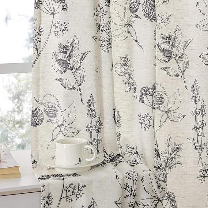 FMFUNCTEX Linen Curtains Floral Patterned Curtain for Bedroom Living Room, Black Curtains 84 Inches Long Farmhouse, Light Filtering Beige Window Curtain Grommet Top 2 Panels Set