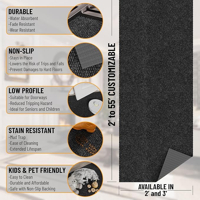 Ottomanson Commercial Scrape Rib Entry Mat – Heavy Duty Ribbed Floor Mat for High Traffic – Non Slip Rubber Back, Waterproof – Indoor Outdoor Use for Offices, Schools, Lobbies, 2'7" x 22', Black
