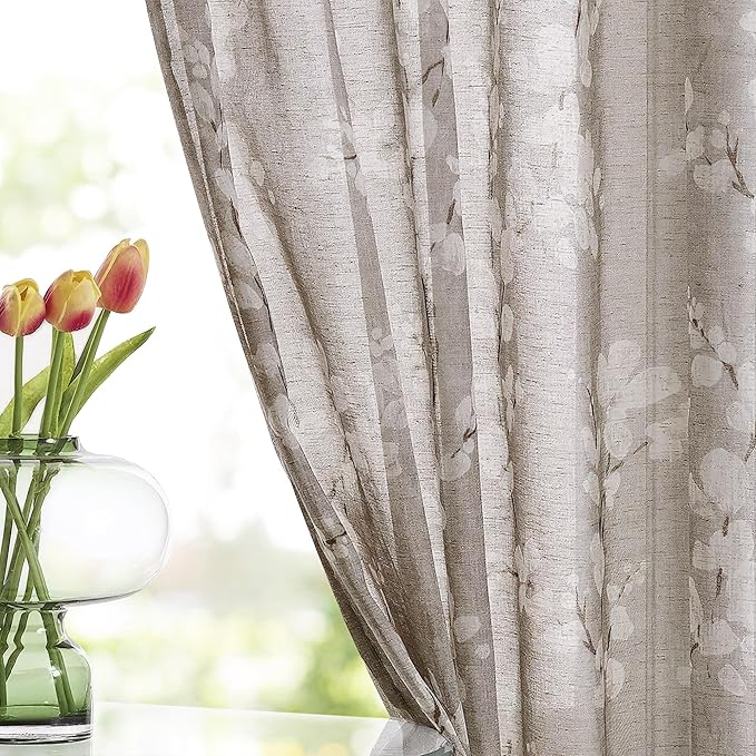 Fmfunctex Linen Sheer Curtains for Bedroom, Tan White Blossom Print Curtains 63 Inch Length for Living Room, Taupe Floral Patterned Farmhouse Curtain Light Filtering Window Drapes 2 Panels, Rod Pocket