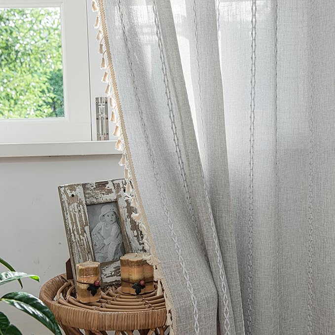 Sutuo Home Boho Curtains for Bedroom Living Room Kitchen, Semi Blackout Linen Farmhouse Shabby Chic Tassels Window Treatment Bohemian Embroidery Drape, Rod Pocket 1 Panel 52" W x 84" L, Light Grey