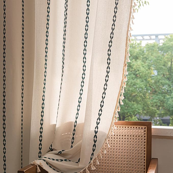 Sutuo Home Boho Curtains 96 Inches Long, Bohemian Drape for Bedroom Living Room, Privacy Country Rustic Semi Blackout Farmhouse for Xmas Decor Rod Pocket, 1 Panel W52 x L96 White and Hunter Green