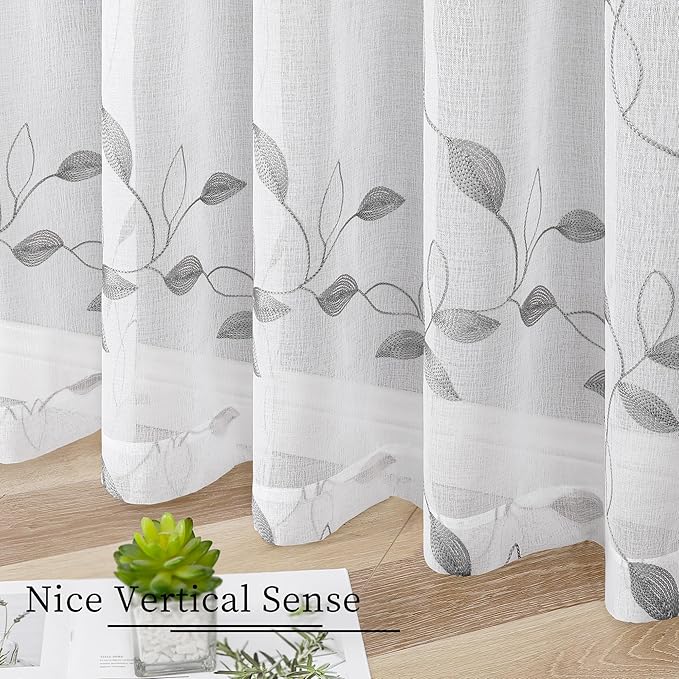 Tollpiz Grey Leaf Sheer Curtain Leaves Embroidered Bedroom Curtains Rod Pocket Voile Window Treatment for Living Room, 54 x 95 inches Long, Set of 2 Panels
