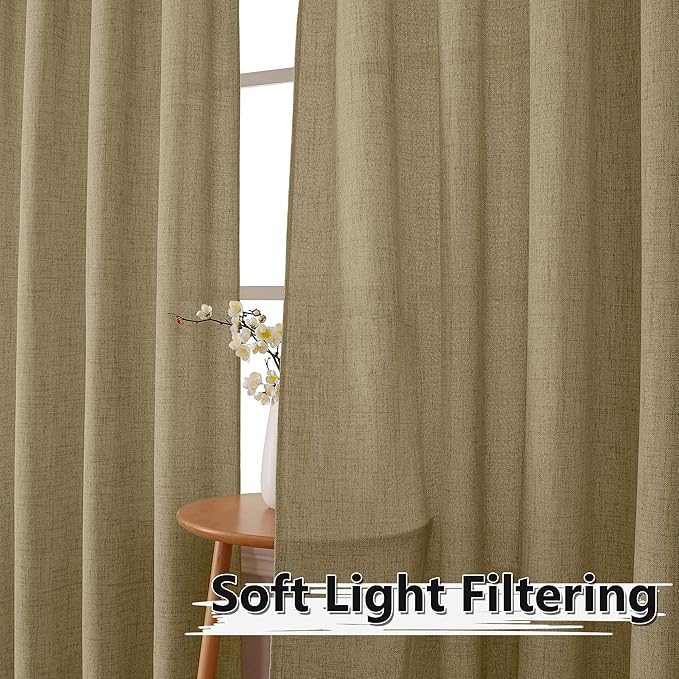 Tollpiz Short Linen Tier Curtains Rod Pocket Semi Sheer Half Kitchen Curtain Burlap Light Filtering Thick Linen Drapes for Bathroom, 30 x 24 inches Long, Taupe, Set of 2 Panels
