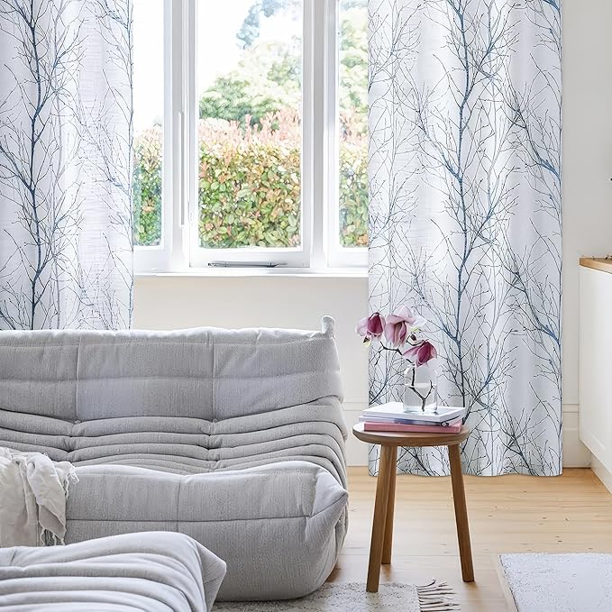 FMFUNCTEX Linen Semi Sheer Curtains for Bedroom, Blue White Curtains 84 Inches Long for Living Room, Grey Tree Branch Patterned Curtain Light Filtering Farmhouse Window Drapes, Grommet Top 2 Panels