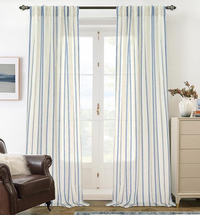 DriftAway Farmhouse Vertical Striped Linen Blend Textured Light Filtering Semi Sheer Curtains for Living Room Bedroom 108 Inches Long Drapes 2 Panels Linen Navy