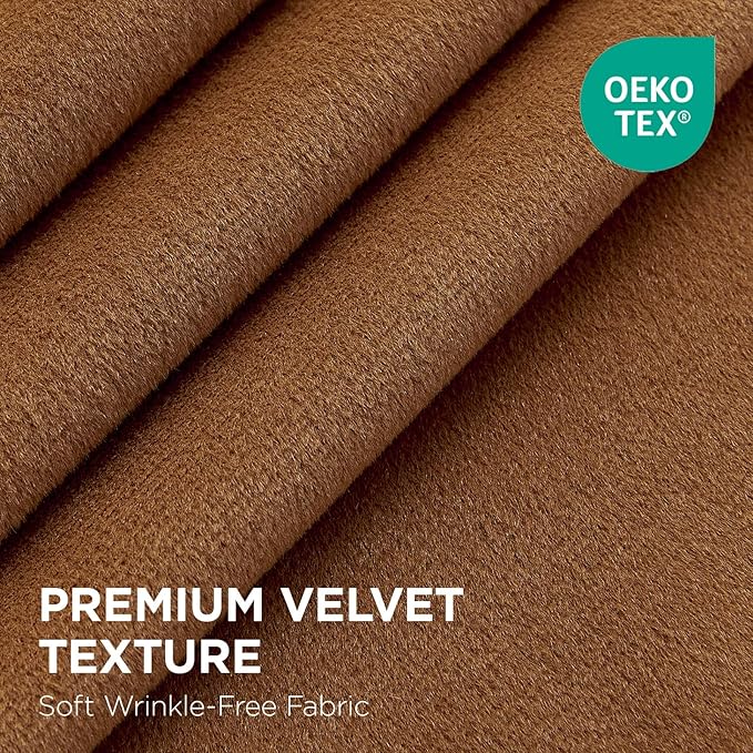 Joydeco Golden Brown 100% Blackout Curtains 108 Inch 2 Panels, Luxury Thermal Brown Velvet Curtains for Bedroom Living Room, Soundproof Blackout Window Drapes, Rod Pocket & Back Tab (52W x 108L)