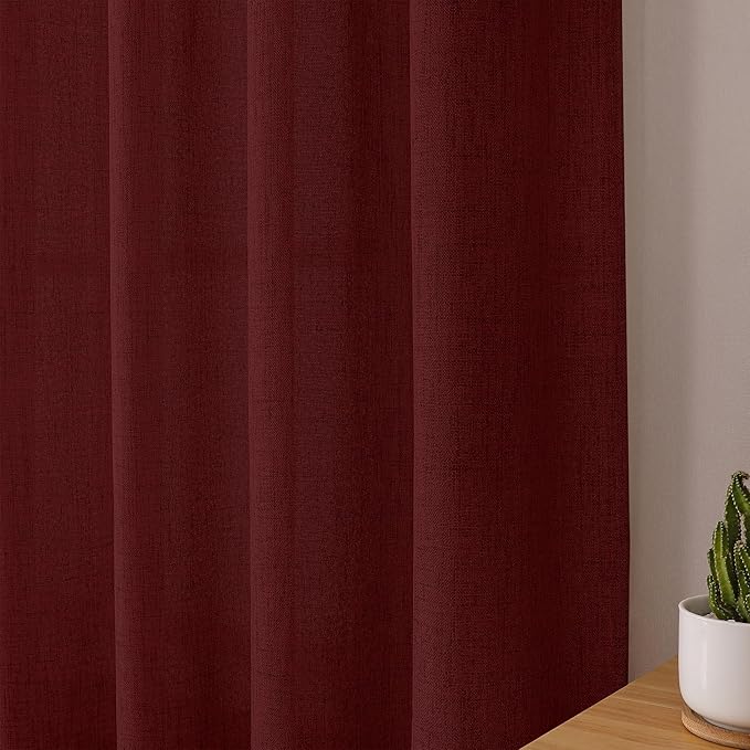 Tollpiz Linen Curtain Bedroom Rod Pocket Semi Sheer Curtains Burlap Light Filtering Thick Linen Drape for Living Room, 38 x 84 inches Long, Burgundy Red, Set of 2 Panels