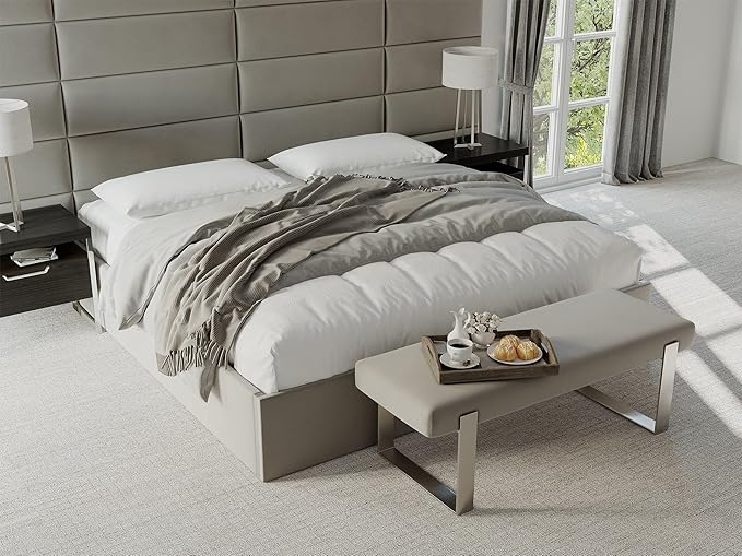 VANT Upholstered Bed Bench - Boucle Grey - Burnished Brass - Contemporary Modern, Bedroom Bench Seat, Hallway, or Entryway