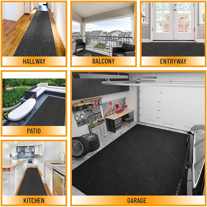 Ottomanson 2'7" x 42' Hallway Runner with Scraper Pile - Extra Durable Non-Slip Rug Mat for Indoor & Outdoor Use - Ideal for Kitchen, Entryway & Garage - High-Traffic Carpet, Black