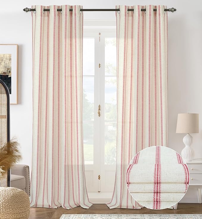 DriftAway Farmhouse Vertical Striped Linen Blend Textured Light Filtering Semi Sheer Curtains for Living Room Bedroom 120 Inches Long Drapes 2 Panels