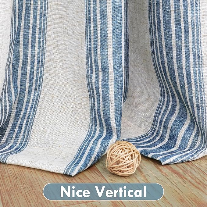 DriftAway Farmhouse Vertical Striped Linen Blend Textured Light Filtering Semi Sheer Curtains for Living Room Bedroom 120 Inches Long Drapes 2 Panels Broad Striped Jean Navy