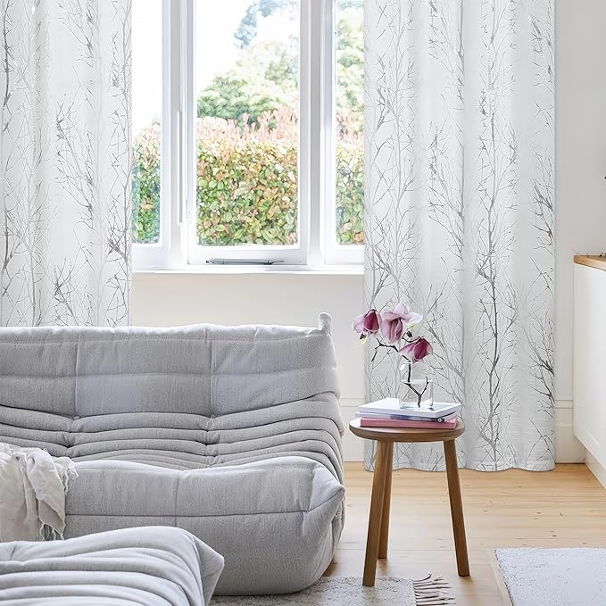 FMFUNCTEX Linen Semi Sheer Curtains for Living Room & Bedroom, Silver Metallic Print White Tree Panel, Light Filtering, 54 Inch Grommet Top 2 Panels