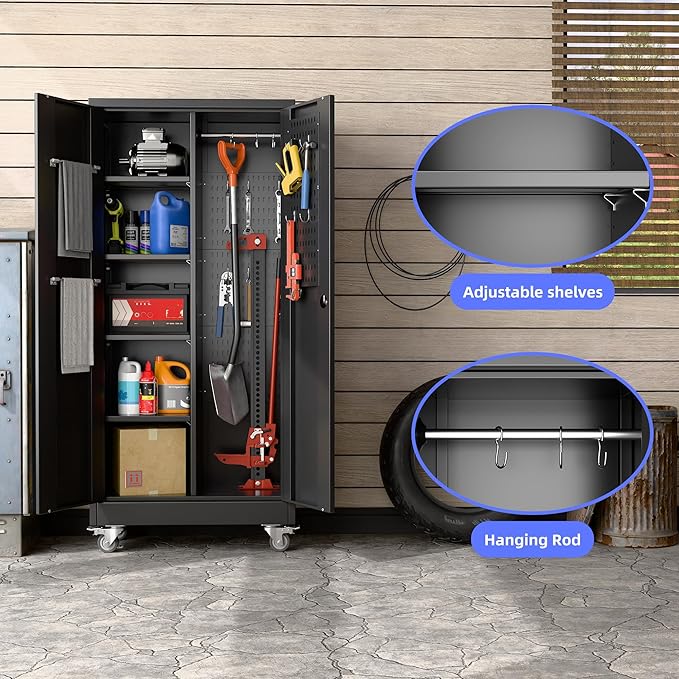 27.6 in Wide Garage Storage Cabinet with Wheels, Metal Storage Cabinet with Pegboards and 4 Adjustable Shelves, Garage Storage System with Lockable Door for Offices, Gyms and Pantries, Black