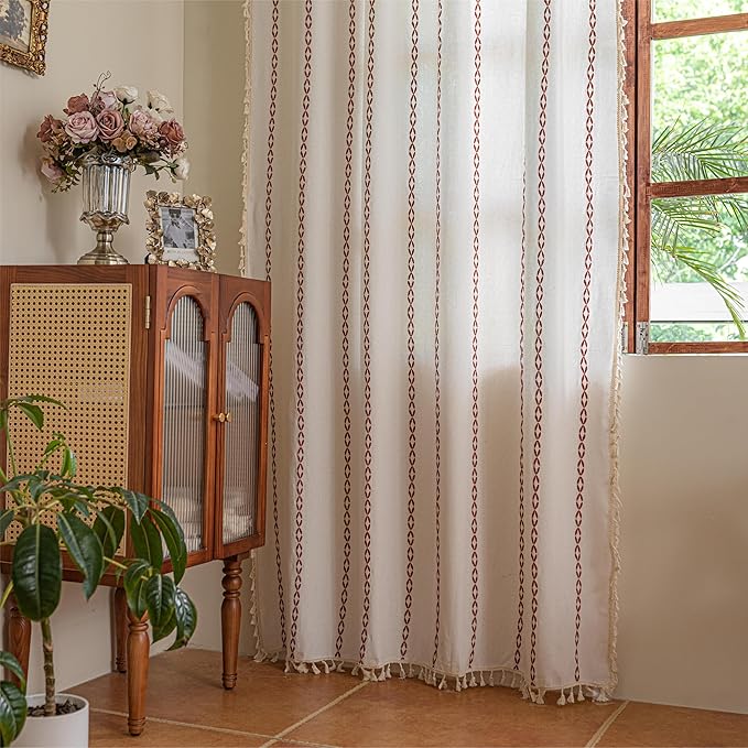 Sutuo Home White and Terracotta Boho Curtains for Bedroom Living Dining Room 90 Inches Long, Light Filtering Cotton Embroideried Bohemian Striped Farmhouse Autumn Halloween Decor,1 Panel,52" W x 90" L